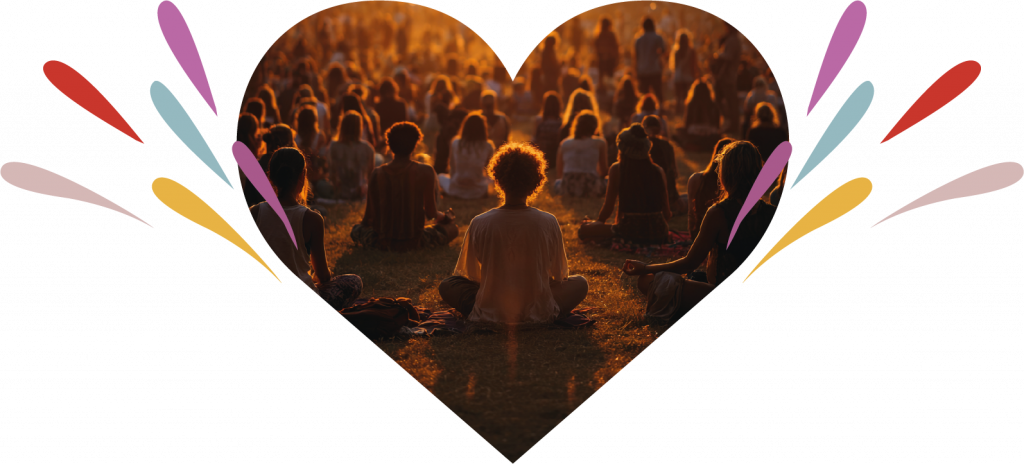 Foule devant coucher de soleil avec bulles couleur autour